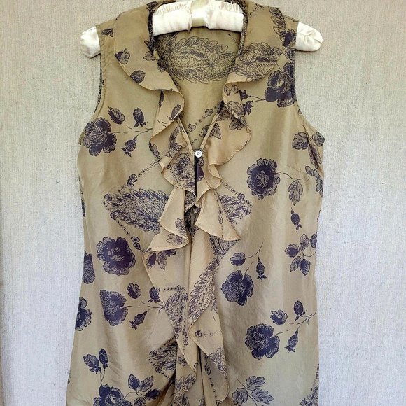 Cabi Women's Luxurious Blouse  Gold & Purple Floral (Bronze) 100% Silk Small - Picture 4 of 10